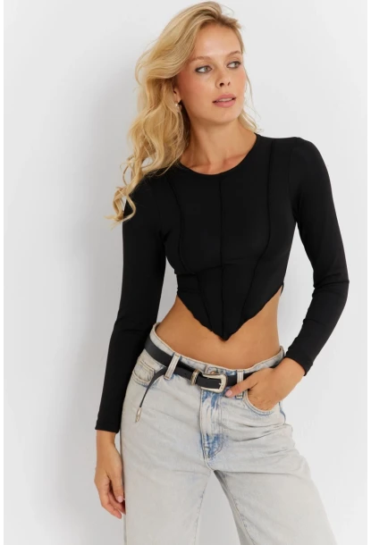Kadın Siyah Dikişli Crop Bluz CG361