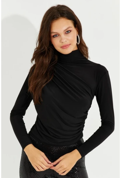Kadın Siyah Drapeli Bluz LPP1226
