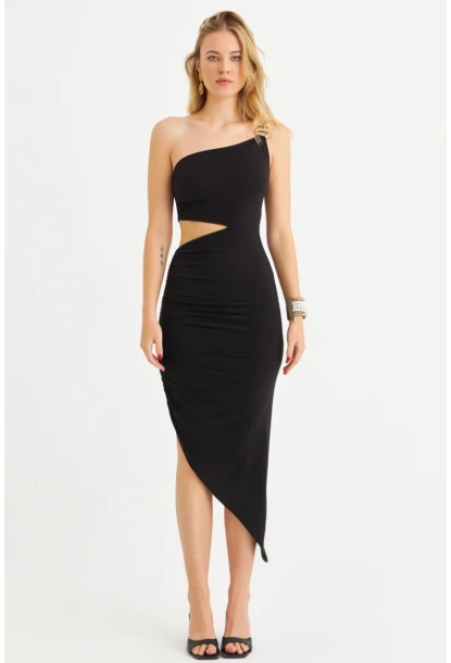 Kadın Siyah Drapeli Dekolteli Midi Elbise SDY1264