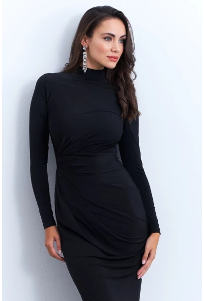 Kadın Siyah Drapeli Maxi Elbise MLİK12