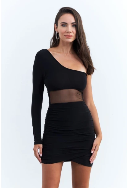 Kadın Siyah Drapeli Tül Detaylı Mini Yılbaşı Elbise ELT3850