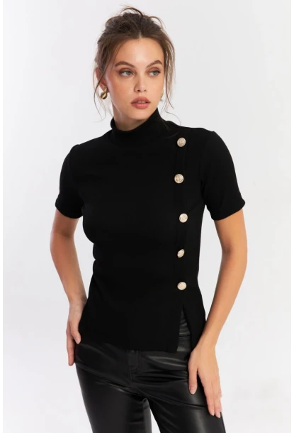 Kadın Siyah Düğme Aksesuarlı Bluz EY2926