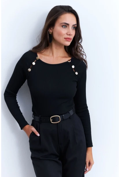 Kadın Siyah Düğme Aksesuarlı Kaşkorse Bluz EY2945