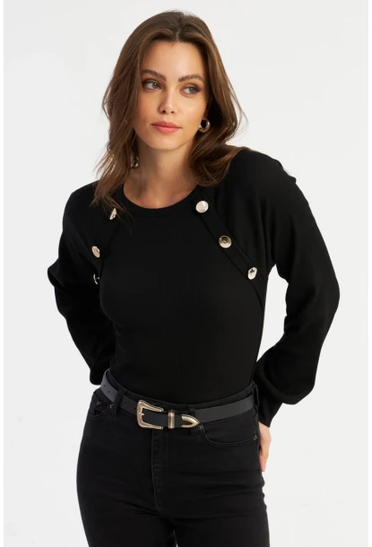 Kadın Siyah Düğme Aksesuarlı Kaşkorse Bluz MEY2946