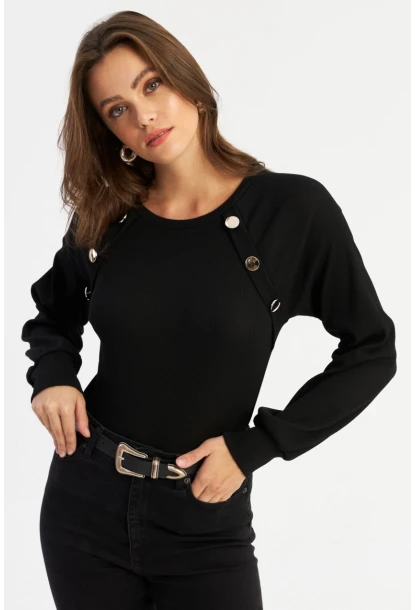 Kadın Siyah Düğme Aksesuarlı Kaşkorse Bluz MEY2946