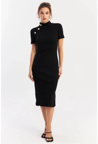 Kadın Siyah Düğme Aksesuarlı Kaşkorse Midi Elbise EY2931