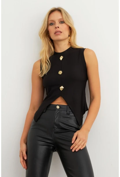 Kadın Siyah Düğme Detaylı Bluz RLO145