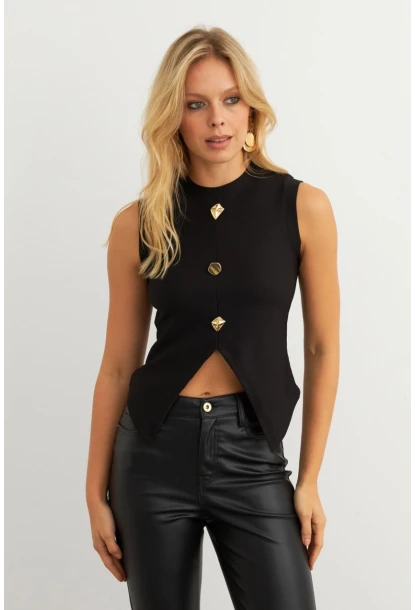 Kadın Siyah Düğme Detaylı Bluz RLO145