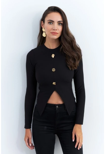 Kadın Siyah Düğme Detaylı Bluz RLO83