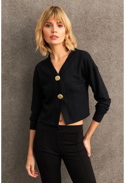 Kadın Siyah Düğme Detaylı Bluz TF57