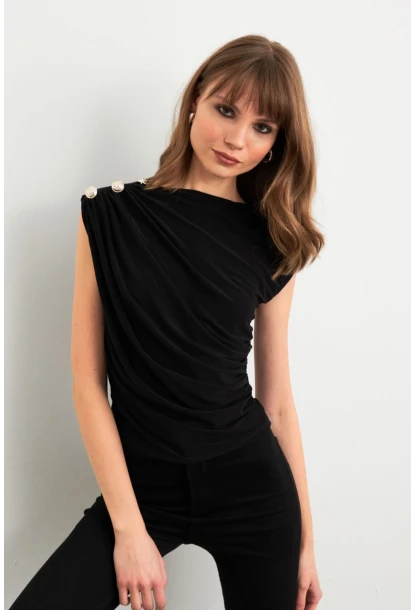 Kadın Siyah Düğme Detaylı Büzgülü Bluz LPP1205-1