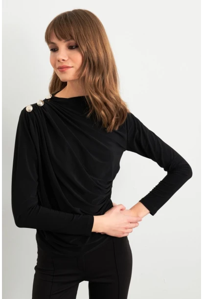 Kadın Siyah Düğme Detaylı Büzgülü Bluz LPP1223-1