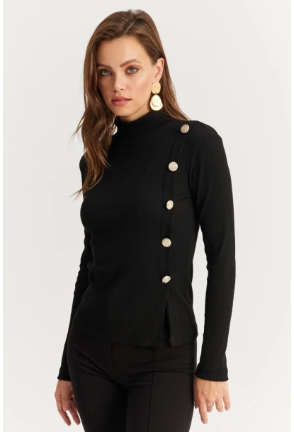 Kadın Siyah Düğme Detaylı Kaşkorse Bluz EY2927
