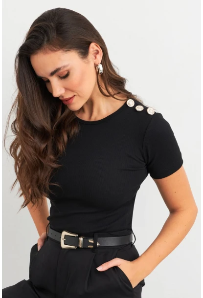 Kadın Siyah Düğme Detaylı Kaşkorse Bluz EY3031