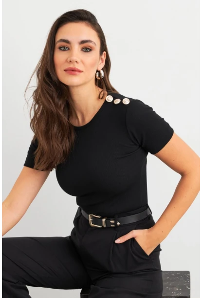 Kadın Siyah Düğme Detaylı Kaşkorse Bluz EY3031