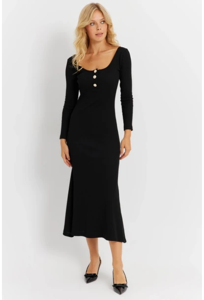 Kadın Siyah Düğme Detaylı Kaşkorse Midi Elbise EY2854
