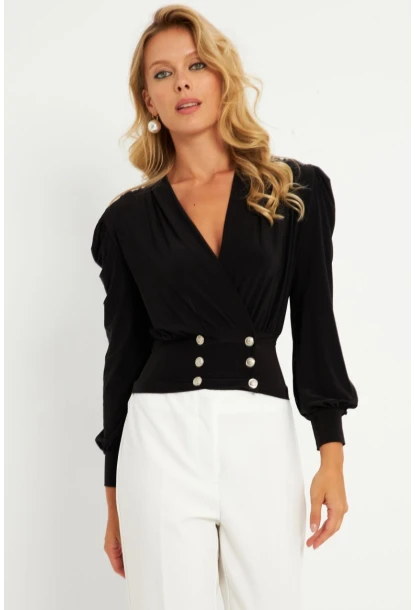 Kadın Siyah Düğme Detaylı Kruvaze Bluz ELT3188