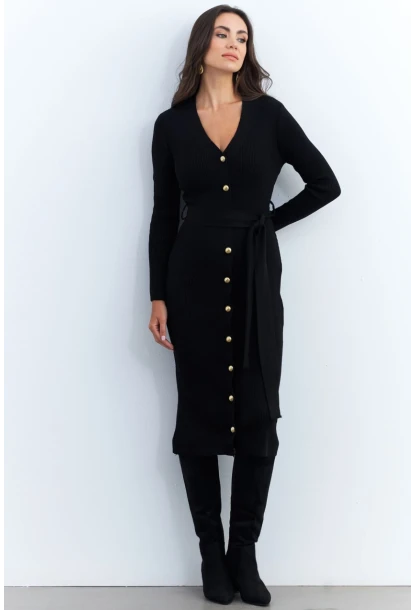 Kadın Siyah Düğme Detaylı Kuşaklı Midi Elbise MŞ1