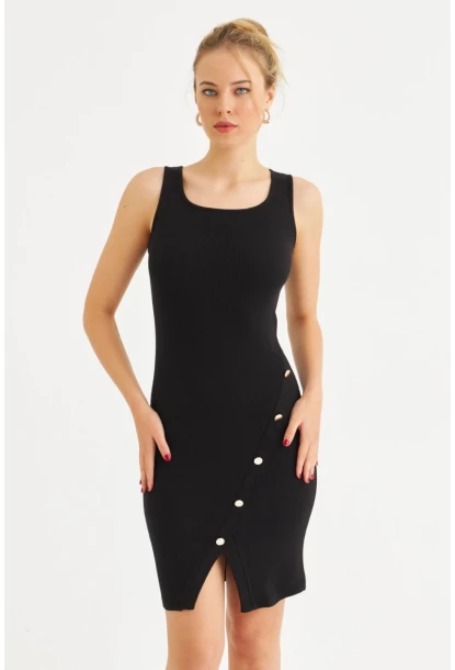 Kadın Siyah Düğme Detaylı Midi Elbise URO1111