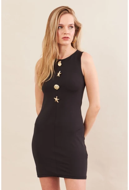 Kadın Siyah Düğme Detaylı Mini Elbise MOD201