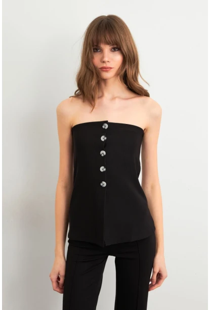 Kadın Siyah Düğme Detaylı Straplez Bluz CY355