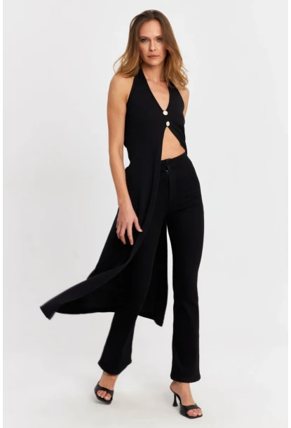 Kadın Siyah Düğme Detaylı Uzun Yelek EY3048