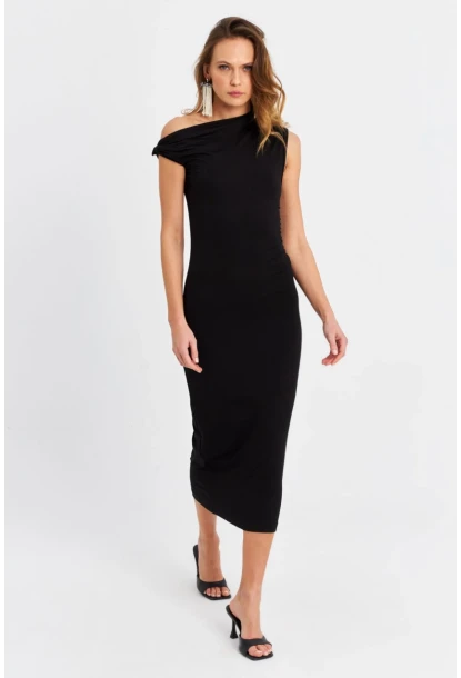 Kadın Siyah Düğümlü Midi Elbise EY3069