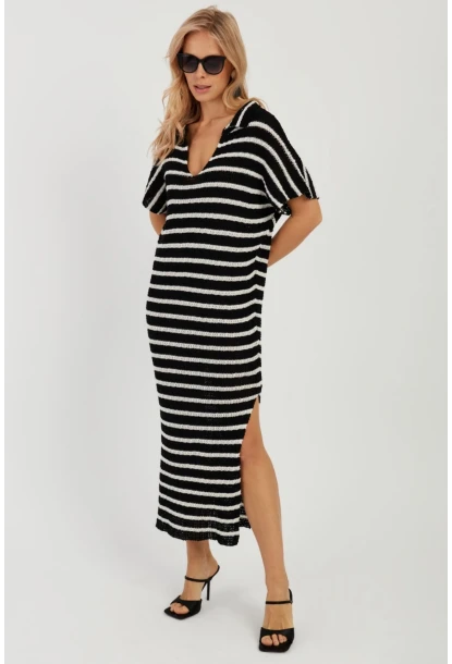 Kadın Siyah-Ekru Ajurlu Triko Midi Elbise YZ622