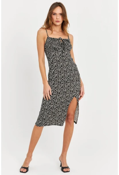 Kadın Siyah-Ekru Askılı Bürümcük Midi Elbise KAB302