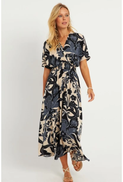 Kadın Siyah-Ekru Desenli Gipeli Midi Elbise YZ1055
