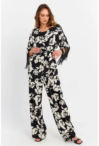 Kadın Siyah-Ekru Desenli Kimono Takım MELT1031