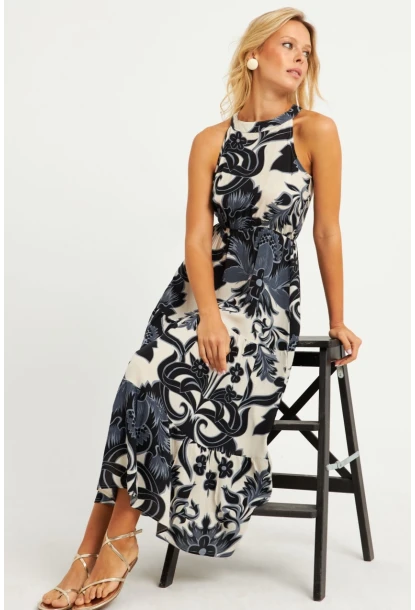 Kadın Siyah-Ekru Desenli Midi Elbise YZ1107
