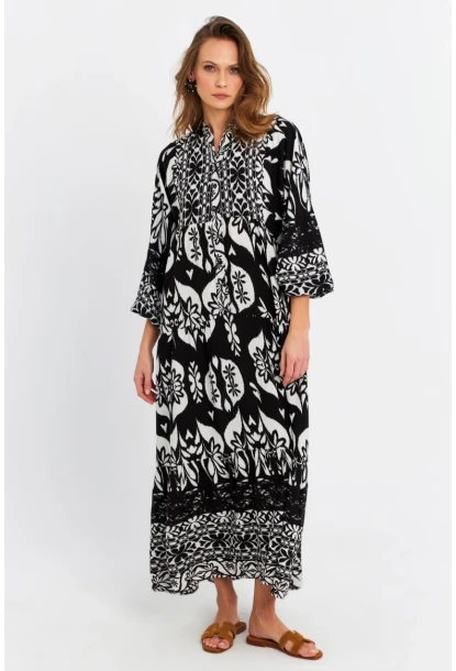 Kadın Siyah-Ekru Desenli Salaş Midi Elbise MALO3002