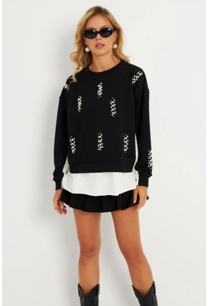 Kadın Siyah-Ekru İncili Sweatshirt RLO01