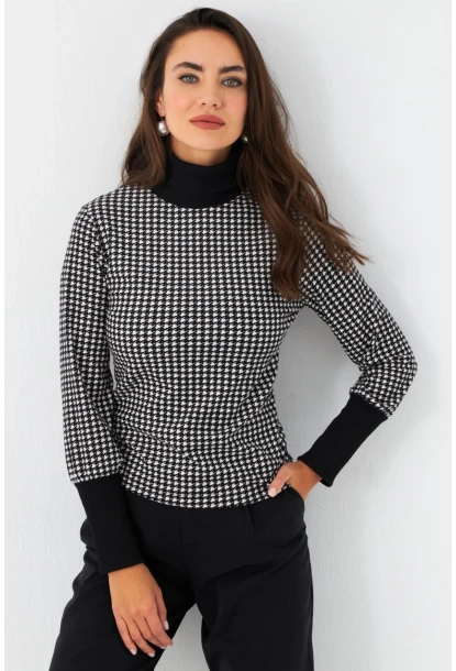 Kadın Siyah-Ekru Kazayağı Balıkçı Bluz EY2972