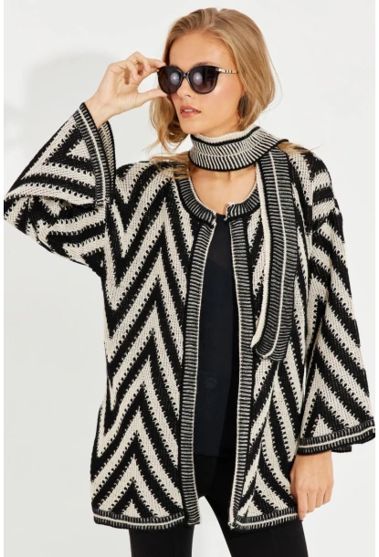 Kadın Siyah-Ekru Kemerli Zikzak Triko Hırka MİW1525