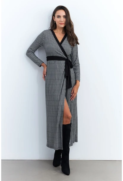 Kadın Siyah-Ekru Kruvaze Kazayağı Maxi Elbise EY2941