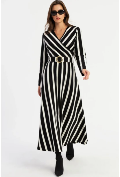 Kadın Siyah-Ekru Kruveze Kemerli Maxi Elbise VTN4