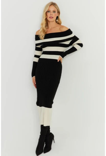 Kadın Siyah-Ekru Madonna Çizgili Triko Midi Elbise KED143