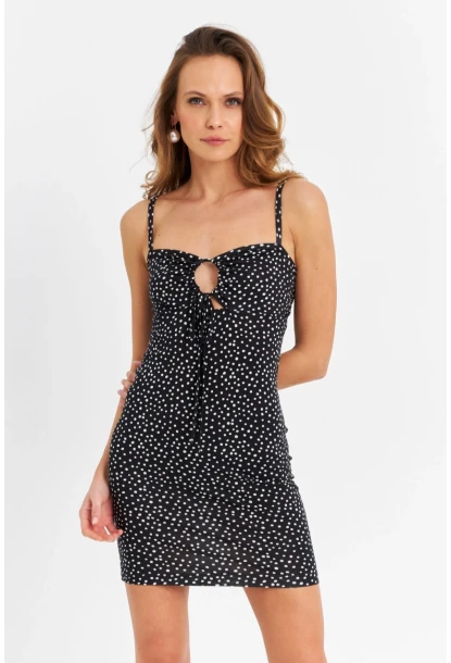 Kadın Siyah-Ekru Pencereli Puantiyeli Mini Elbise EY3070