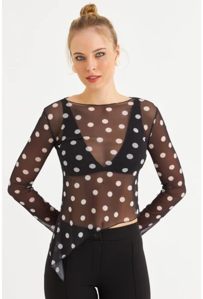 Kadın Siyah-Ekru Puantiyeli Tül Bluz RSP1740