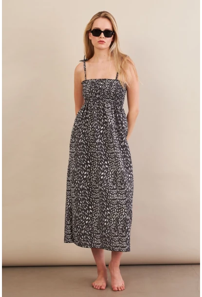 Kadın Siyah-ekru Straplez Çizgili Plaj Elbisesi