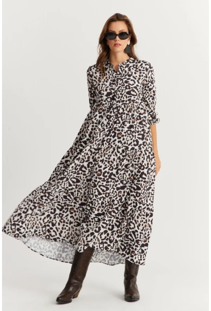 Kadın Siyah-Ekru Volanlı Desenli Maxi Elbise YLE14