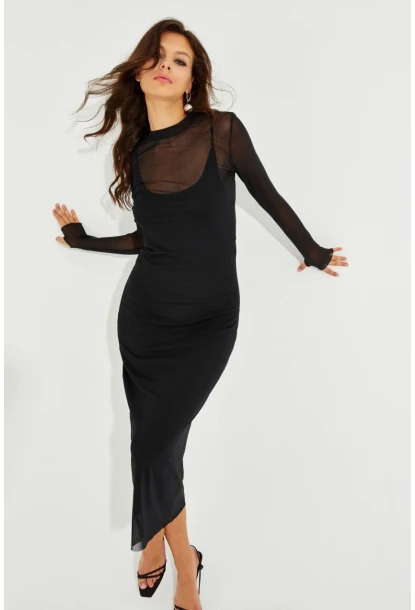 Kadın Siyah Eldivenli İkili Midi Tül Elbise MEN2006