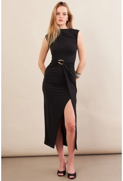 Kadın Siyah Eteği Kruvaze Tokalı Midi elbise KED7340