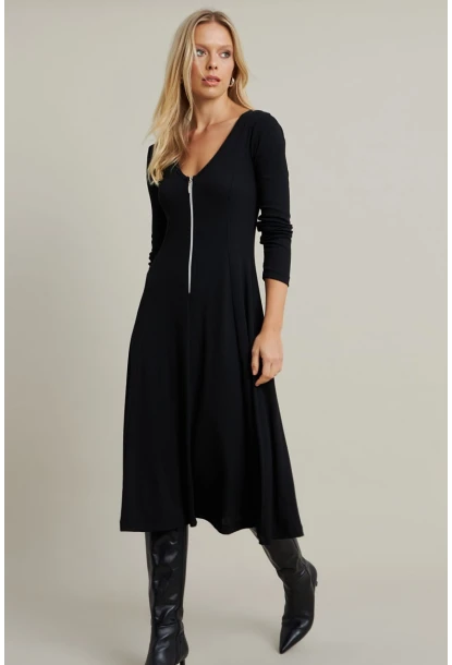 Kadın Siyah Fermuar Detaylı Midi Elbise EY3005