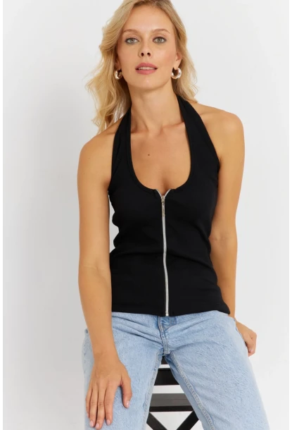 Kadın Siyah Fermuarlı Kaşkorse Bluz EY2878