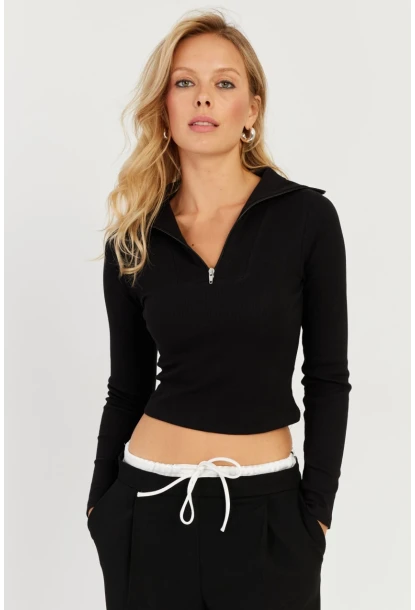 Kadın Siyah Fermuarlı Kısa Bluz CY336