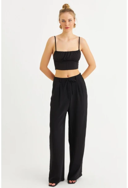 Kadın Siyah Fermuarlı Palazzo Pantolon MON143