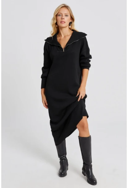 Kadın Siyah Fermuarlı Triko Maxi Elbise SF2525